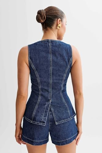 Womens Denim 2 Piece Set Sleeveless Button Down Vest Tops Short Pants Suit Sets