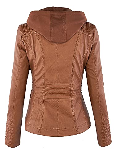 Women's Faux Leather Moto Biker Jacket Coat with Removable or Non-Removable Hood