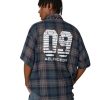 Mens Button Down Shirts Number Print Plaid Necktie Short Sleeve Shirt Casual Summer Shirts