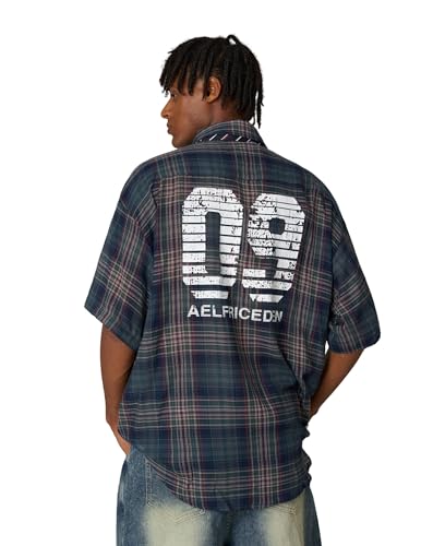 Mens Button Down Shirts Number Print Plaid Necktie Short Sleeve Shirt Casual Summer Shirts
