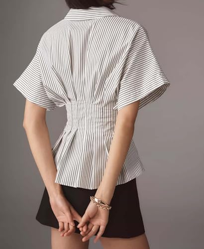 Women??s Striped Button Down Shirt Summer Pleated Short Sleeve Tops Collared Peplum Blouse Business Casual Outfits