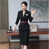 Women's Solid Color V-Neck Long Sleeve Hidden Buttoned Slim Asymmetric Suit Jacket and Skirt Set
