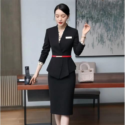 Women's Solid Color V-Neck Long Sleeve Hidden Buttoned Slim Asymmetric Suit Jacket and Skirt Set