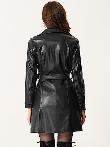 Faux Leather Long Jacket for Women's Notched Lapel Collar PU Trench Coat