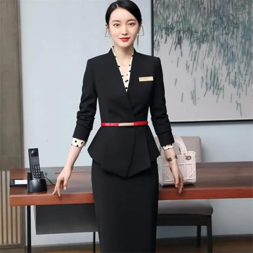 Women's Solid Color V-Neck Long Sleeve Hidden Buttoned Slim Asymmetric Suit Jacket and Skirt Set