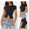Women's Button Down Shirt Cap Sleeve Tops for Women Button Up Ribbed Knit Slim Fit Casual Y2K Crop Going Out Top
