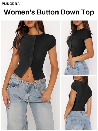 Women's Button Down Shirt Cap Sleeve Tops for Women Button Up Ribbed Knit Slim Fit Casual Y2K Crop Going Out Top