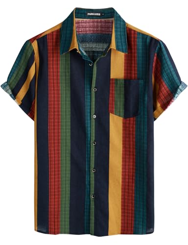 Men's Cotton Linen Vintage Pattern Printed Old Style Shirt Casual Short Sleeve Button Down Retro Shirts