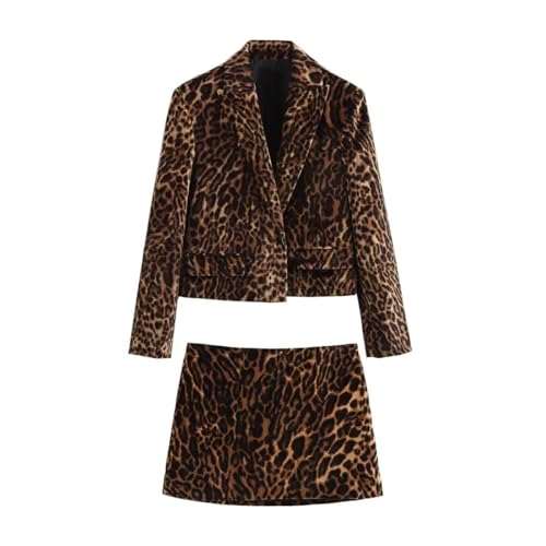 Women's Leopard Suit Casual Peak Lapel Jacket and Skirt Two Pieces Set