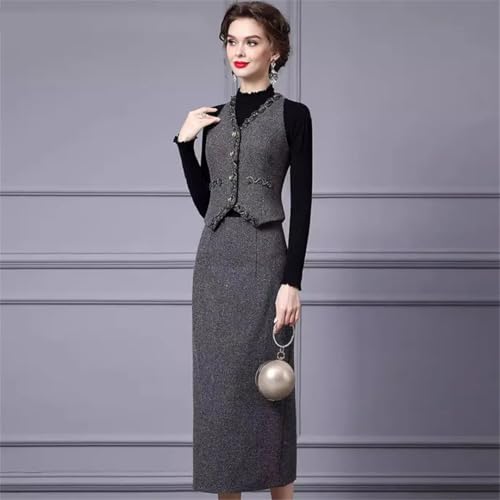 Women Elegant Office and Business Suit V-Neck Long-Sleeved Single-Breasted Tank Skirt 2 Piece Set