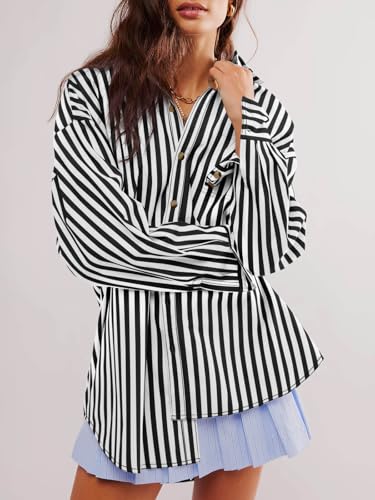 Womens Oversized Striped Button Down Shirts Boyfriend Long Sleeve Collared Work Blouses