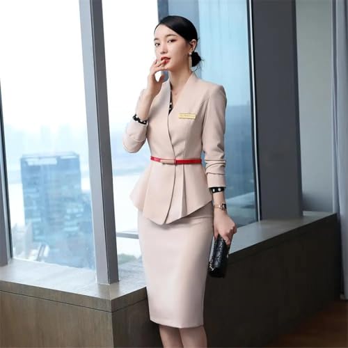 Women's Solid Color V-Neck Long Sleeve Hidden Buttoned Slim Asymmetric Suit Jacket and Skirt Set