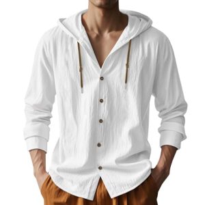 Men Cotton Linen Long Sleeve Button Down Shirt Summer Casual Hawaiian Beach Tops Lightweight Fashion Hoodies