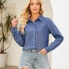 Denim Button Down Shirts for Women Long Sleeve Lightweight Western Relaxed Single Pocket Jean Shirt Shacket Top
