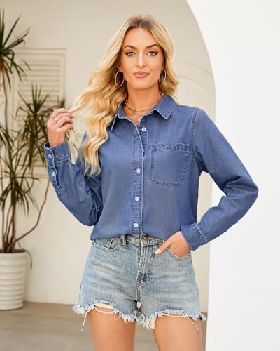 Denim Button Down Shirts for Women Long Sleeve Lightweight Western Relaxed Single Pocket Jean Shirt Shacket Top