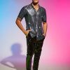 Men's 70s Sparkly Disco Top Crocodile Pattern Metallic Rave Button Down Shirt Short Sleeve Party T Shirt