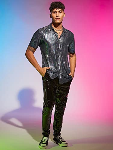 Men's 70s Sparkly Disco Top Crocodile Pattern Metallic Rave Button Down Shirt Short Sleeve Party T Shirt