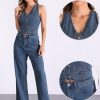 2 Piece Outfits Denim Set for Women's Sleeveless Button V Neck Denim Vest Waistcoat Wide Leg Jeans