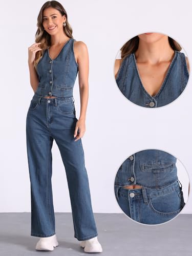 2 Piece Outfits Denim Set for Women's Sleeveless Button V Neck Denim Vest Waistcoat Wide Leg Jeans