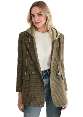 2025 Women's Spring Hooded Blazer Jacket Double-Breasted Oversize Loose Fully-Lined Work Office Suit with Pockets
