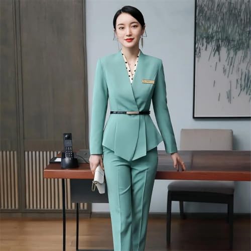Women's Solid Color V-Neck Long Sleeve Hidden Buttoned Slim Asymmetric Suit Jacket and Skirt Set