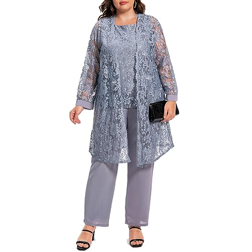 Plus Size Elegant Mother of The Bride Pant Suits Chiffon Pant with Women's Tank Top and Sequin Lace Jacket Evening Gown