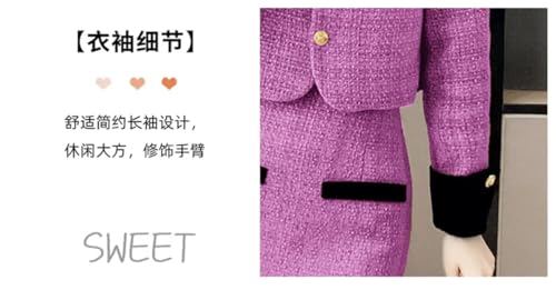 Women Vintage Tweed Two Piece Set Short Coat + Bodycon Skirt Suits Winter Elegant 2 Piece