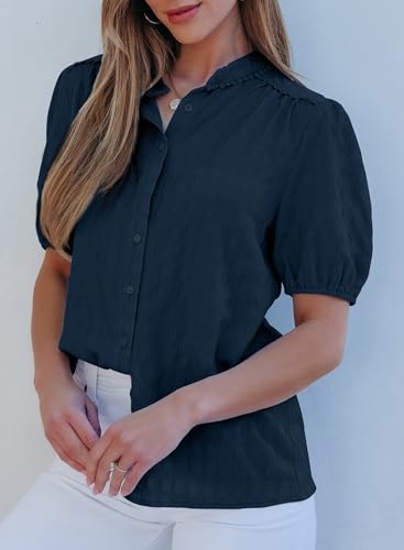 Womens Button Down Shirts Cute Short Puff Sleeve V Neck Tops Spring Summer Blouses for Women Dressy Casual