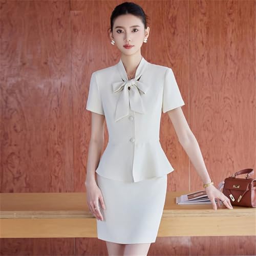 Women's Solid Color Short-Sleeved V-Neck Single-Breasted Bow-Decorated Suit Skirt Two-Piece Suit