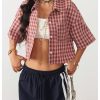 Women's Button Down Vintage Plaid Shirts Short Sleeve Crop Blouses Preppy Clothes