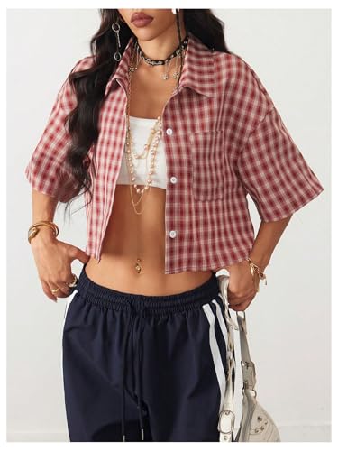 Women's Button Down Vintage Plaid Shirts Short Sleeve Crop Blouses Preppy Clothes