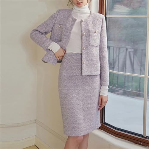 Women Purple Tweed Jacket + Skirt Suit Set Fringed Jacket Woolen Coat Autumn/Winter 2-Piece Set