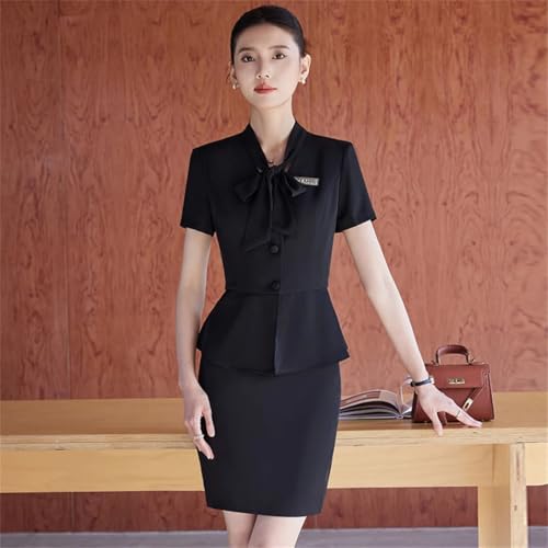 Women's Solid Color Short-Sleeved V-Neck Single-Breasted Bow-Decorated Suit Skirt Two-Piece Suit