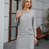 Women's Long Sleeve Tweed Mini Dress Business Work Short Dress Elegant Cute Party Dresses