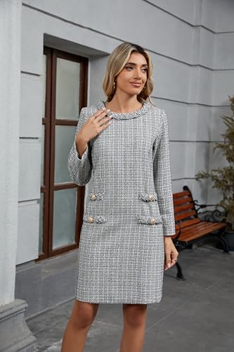 Women's Long Sleeve Tweed Mini Dress Business Work Short Dress Elegant Cute Party Dresses