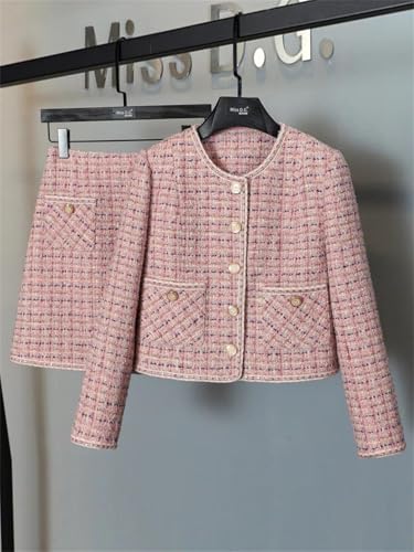 41rsHZq1zqL.jpg Women Crop Top Woolen Short Jacket Coat Mini Skirts Sets Pink Two Piece Suits