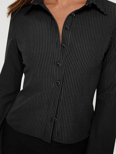 Women??s Button Down Shirts Striped Long Sleeve Collared Casual Work Blouses Tops 2025 Trendy Outfits