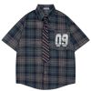 Mens Button Down Shirts Number Print Plaid Necktie Short Sleeve Shirt Casual Summer Shirts