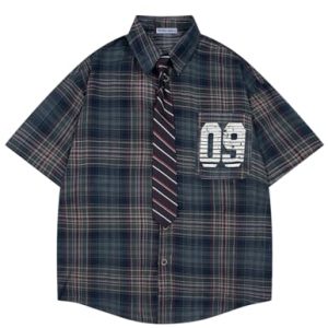 Mens Button Down Shirts Number Print Plaid Necktie Short Sleeve Shirt Casual Summer Shirts