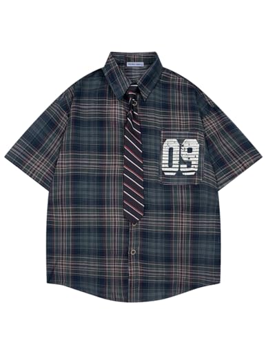 Mens Button Down Shirts Number Print Plaid Necktie Short Sleeve Shirt Casual Summer Shirts