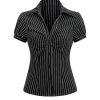 Women's Striped Button Down Shirt Ruched Short Sleeve Fitted Work Blouses