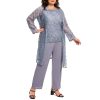 Plus Size Elegant Mother of The Bride Pant Suits Chiffon Pant with Women's Tank Top and Sequin Lace Jacket Evening Gown