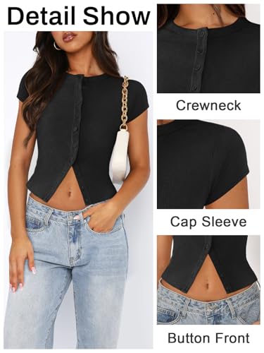 Women's Button Down Shirt Cap Sleeve Tops for Women Button Up Ribbed Knit Slim Fit Casual Y2K Crop Going Out Top
