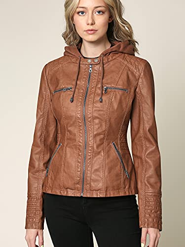 Women's Faux Leather Moto Biker Jacket Coat with Removable or Non-Removable Hood
