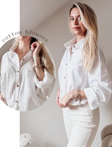 Womens Linen Button Down Shirt Casual Long Sleeve Cotton Blouse Loose Fit Collared Work Gauze Tops with Pocket