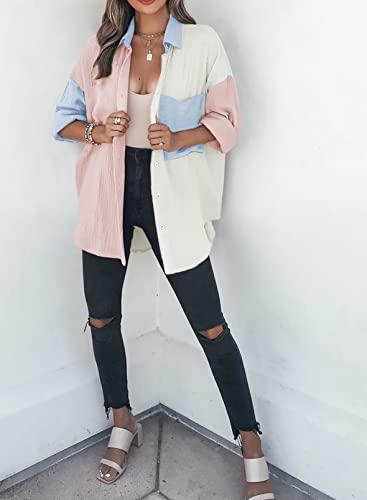 Womens Color Block Button Down Shirts Long Sleeve Oversized Boyfriend Blouses Tops