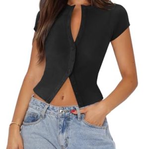Women's Button Down Shirt Cap Sleeve Tops for Women Button Up Ribbed Knit Slim Fit Casual Y2K Crop Going Out Top