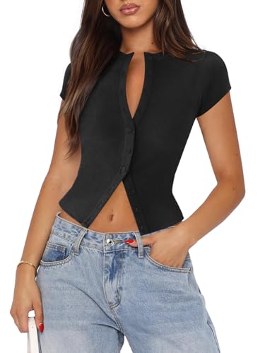 Women's Button Down Shirt Cap Sleeve Tops for Women Button Up Ribbed Knit Slim Fit Casual Y2K Crop Going Out Top