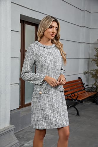 Women's Long Sleeve Tweed Mini Dress Business Work Short Dress Elegant Cute Party Dresses