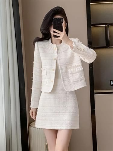 Women Fashion Small Fragrant Tweed Two Piece Set Jacket Coat Mini Skirt Suit French Elegant 2 Piece Outfits